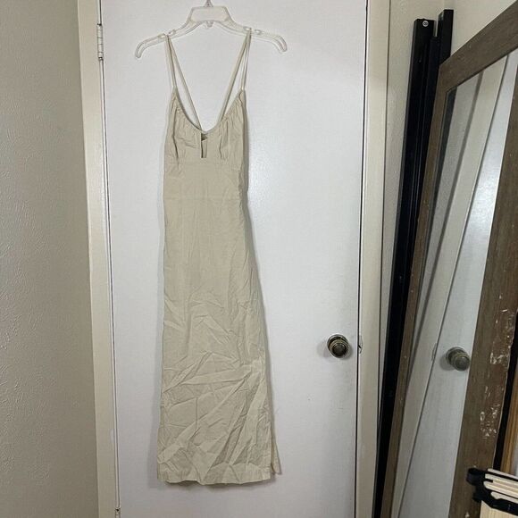 NWT Samsoe Samsoe Holly Dress tan cutout midi side slit size US Large $250 - Picture 3 of 11